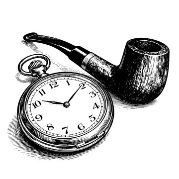 Antique pocket watch and pipe etching illustration for vintage Father's Day concept
