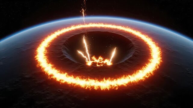 Massive asteroid impact crater on Earth, catastrophic explosion, fire ring, space view
