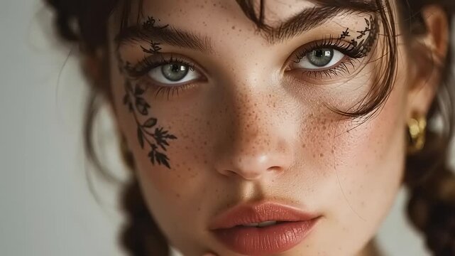 Artistic close-up portrait of a woman with freckles and floral face paint, showcasing beauty and elegance in a video frame
