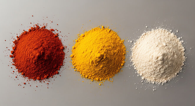 Abstract background with colorful circles of organic spicy curry powder and dried herbal seasoning isolated on a grey background
