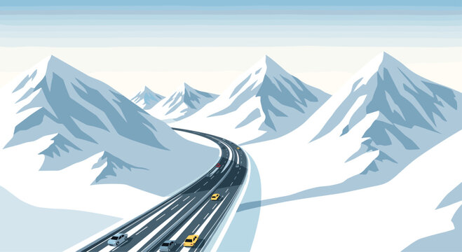Cars drive along a winding multi-lane highway surrounded by snow-covered mountains under a clear sky.