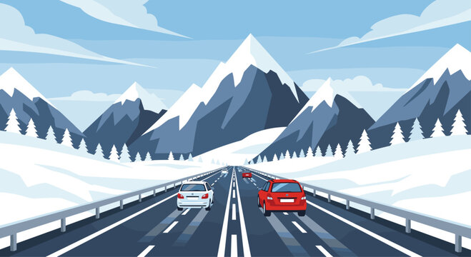 Cars drive on a straight multi-lane highway through a vast snowy mountain landscape with pine trees.