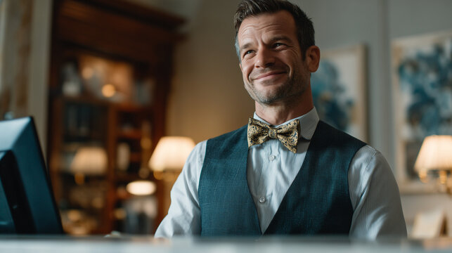 Cordial Hotel Reception: A smiling hotel staff member, dressed in a formal attire, stands at the reception desk, projecting warmth and hospitality in a well-appointed hotel setting.