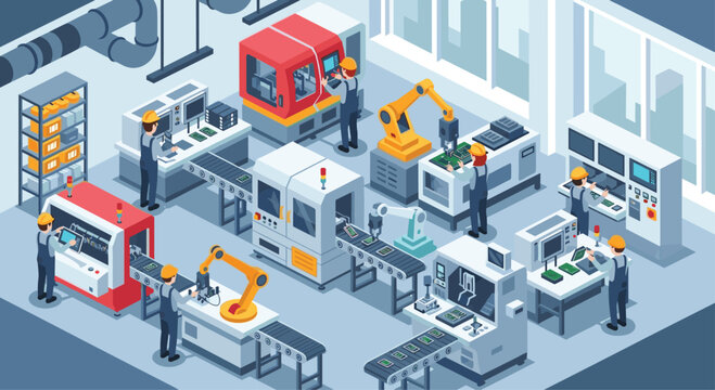Workers and robotic arms operate automated machinery on a modern factory floor, assembling electronic components on conveyor belts.