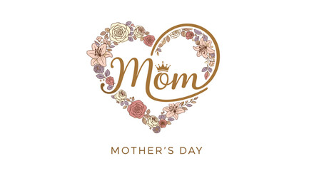 Obraz premium A heart-shaped floral wreath with pastel flowers and leaves encircles Mom with a crown, for Mother's Day.