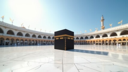 Obraz premium kaaba in mecca on white marble square with clear sky and bright sunlight empty surrounding view from floor concept of religious tourism, spiritual photography, islamic heritage