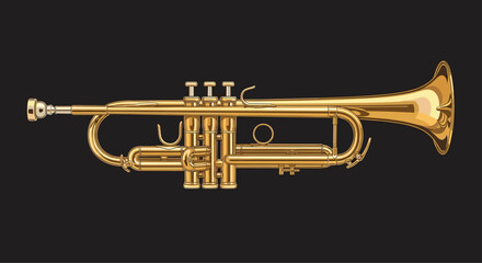 Obraz premium A shiny golden brass trumpet with valves and a mouthpiece is positioned horizontally on a plain dark black background.