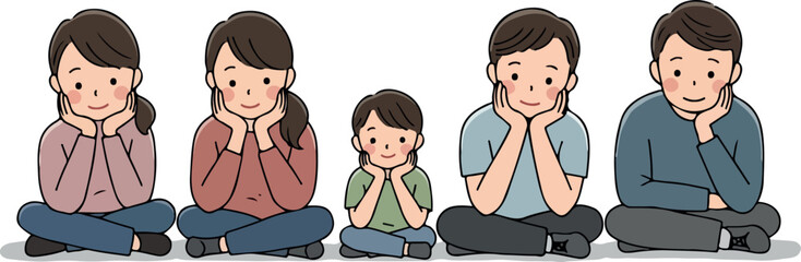 Fototapeta premium Family Sitting Together in Casual Outfits With Chin Resting On Hands