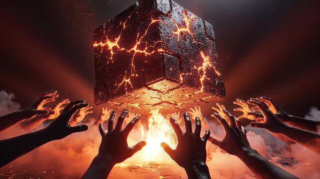 Hands reaching towards a burning cube with intense flames and light.