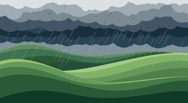 Rolling green hills landscape under a dark, stormy sky with rain falling from heavy clouds.