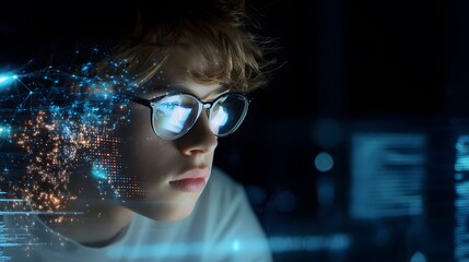Digital Frontier: A young person, engrossed in a futuristic digital world, their face illuminated by the glow of technology, reflecting a blend of focus, creativity, and the digital age.