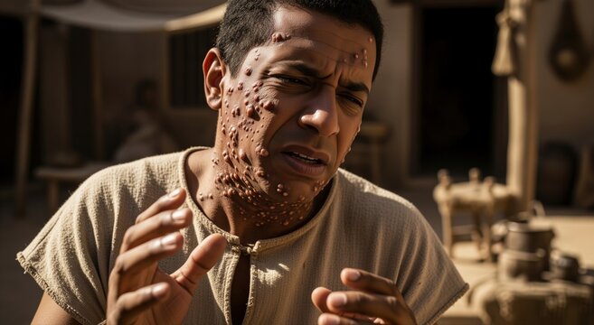 Man suffering from severe skin boils on face and neck. Biblical concept of the Sixth Plague of Egypt. Religious illustration of infection and disease