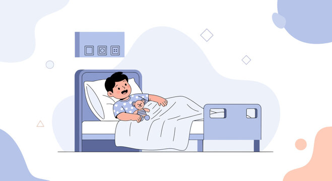 Child in Hospital Bed with Teddy Bear, Healthcare Illustration