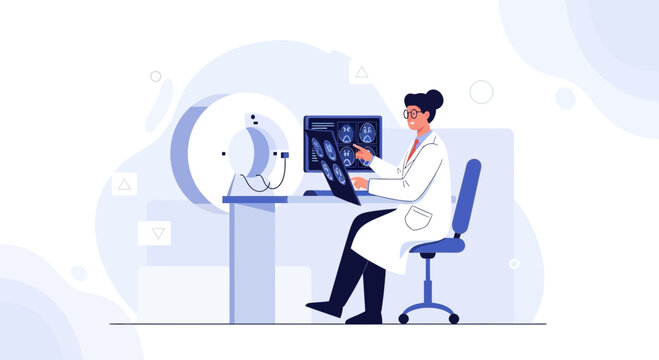 Doctor analyzes brain MRI scan in clinic, medical equipment background