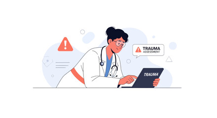 Doctor Assessing Trauma on Tablet, Medical Emergency Concept