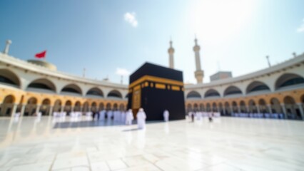 kaaba in mecca on white marble square with clear sky and bright sunlight empty surrounding view from floor concept of religious tourism, spiritual photography, islamic heritage