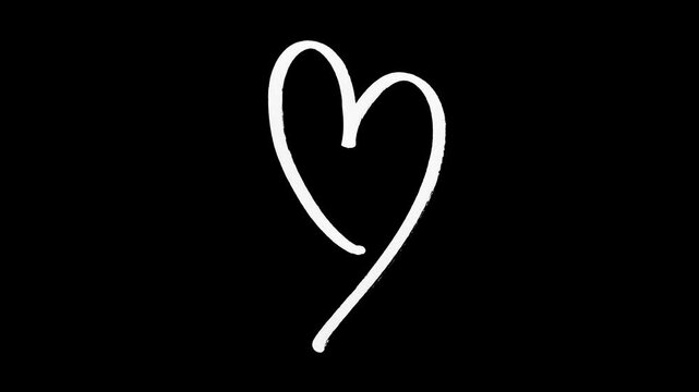 Animated outline marker brush black heart background isolated transparent background, hand-drawn animation on a black background