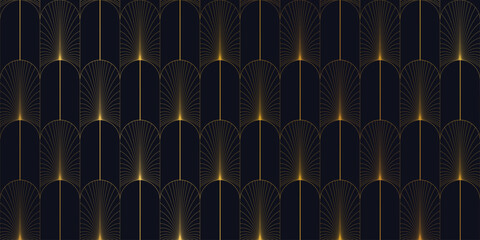 Obraz premium Luxury art deco vector seamless pattern background with gold geometric arches on navy. Elegant design for wallpaper, packaging, branding.