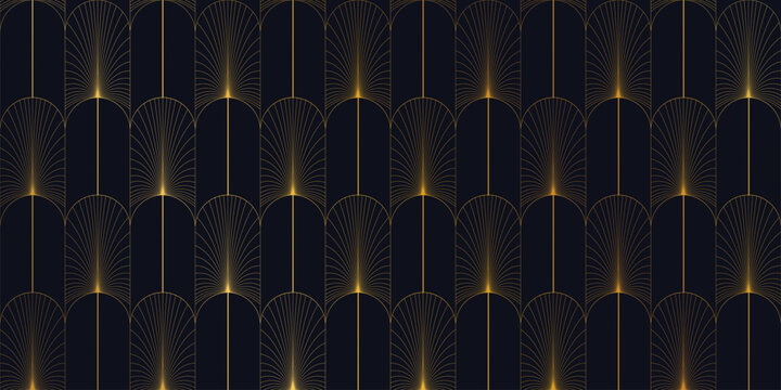 Luxury art deco vector seamless pattern background with gold geometric arches on navy. Elegant design for wallpaper, packaging, branding.