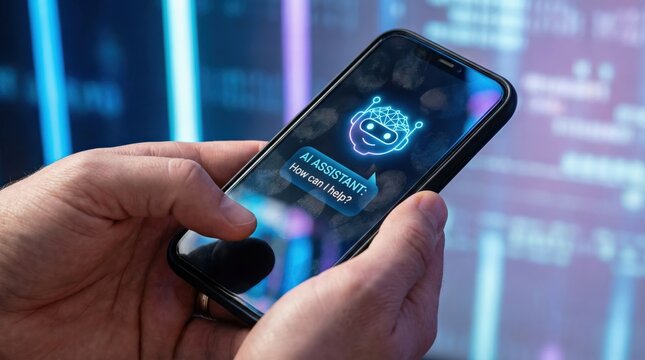Human hands interacting with an AI assistant chatbot interface on a modern smartphone in a futuristic digital environment for artificial intelligence and customer service concept.