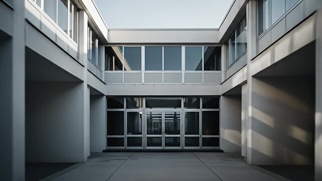 Minimalist courtyard with stark white architecture and rhythmic window arrangement