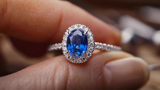 Close-up of a person's fingers holding a dazzling blue sapphire ring with a diamond halo