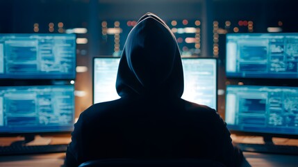The Shadow Hacker: A mysterious figure shrouded in darkness sits before an array of computer monitors, the glow illuminating the intensity of their focus.