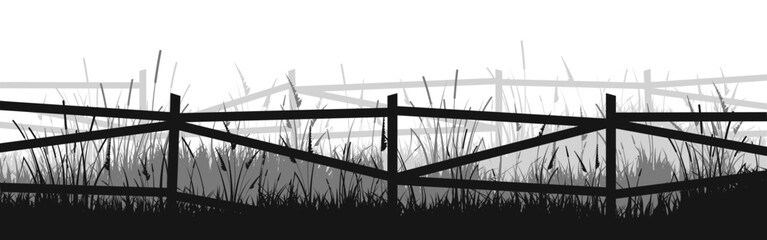 Fototapeta premium Meadow silhouettes with grass and old wooden fence. Countryside, panoramic summer lawn rural landscape with herbs, weeds. Herbal border, frame element. Black horizontal banners. Vector illustration