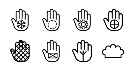 Obraz premium Workplace safety and industrial protection hand icons featuring thermal resistance, mechanical impact, and chemical hazard protection in monoline style.