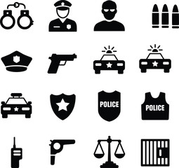 Black silhouette police law enforcement icons set handcuffs officer gun badge shield patrol car vest justice symbols vector illustration collection. © Amena