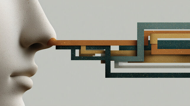 Sensory Perception: A conceptual piece illustrating the sense of smell, with a sculptural profile subtly interacting with an abstract arrangement of geometric shapes.