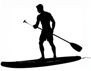 Silhouette of a man paddleboarding on the water, enjoying a sunny day of leisure and sports.