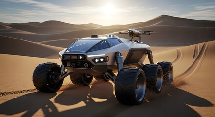 A powerful, futuristic, autonomous off-road exploration vehicle, equipped with a sophisticated roof-mounted drone, confidently traverses challenging terrain for scientific data collection.