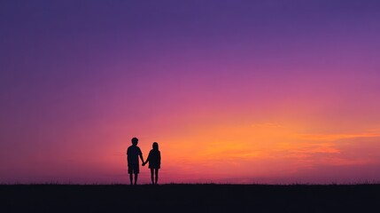Silhouetted couple holding hands at sunset against vibrant purple and orange sky