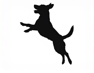Silhouette of a playful dog jumping in the air, isolated on white background.