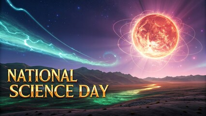 Fototapeta premium National Science Day cosmic poster with glowing star landscape.