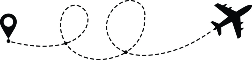 Dashed line flight path with airplane and pin point marker, travel route journey aviation tourism map trail vector illustration. © Amena