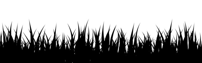 Fototapeta premium Meadow silhouette with grass, plants on plain. Panoramic summer lawn landscape with herbs, various weeds. Herbal border, frame element. Black horizontal banners. Vector illustration