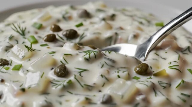 Close up of creamy sauce with herbs and capers being scooped by a spoon.