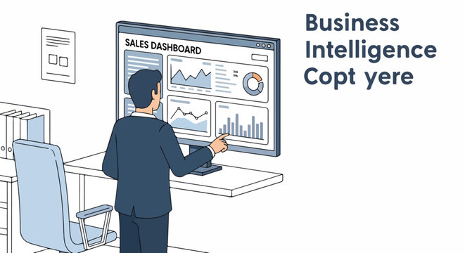 Professional analyzing sales dashboard on a large monitor, visualizing business intelligence and data analytics for strategic decision-making.