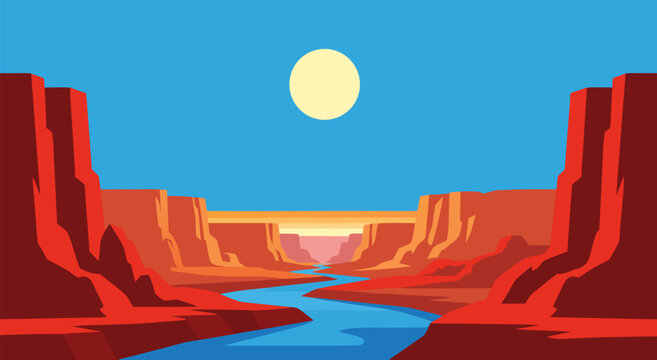 Bright vector illustration of a vibrant canyon with flowing river and big sun in blue sky