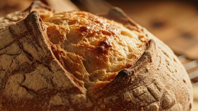 Close-up of a rustic loaf of freshly baked artisan bread.