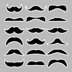 Mustache collection in different styles of moustaches. Hipster, barber, retro, vintage facial hair icons for logo, branding, poster, sticker, fashion, barbershop, design projects. Vector illustration