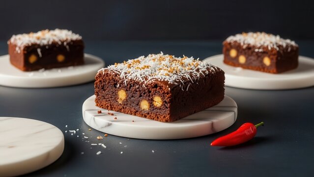 Three rich chocolate brownies with white chocolate chips and coconut flakes, one centered on a marble plate with a small red chili pepper nearby