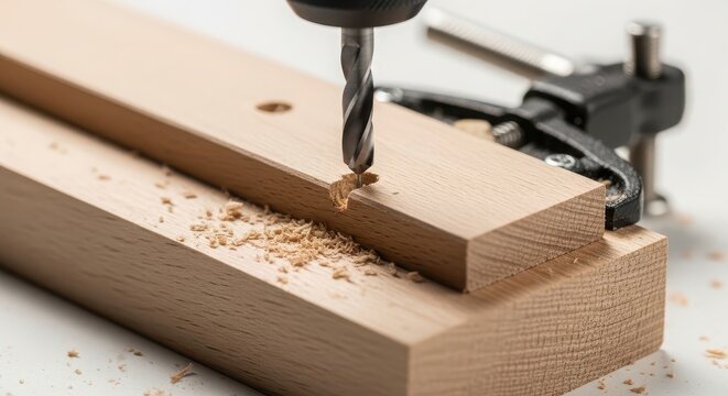A close-up view of a drill creating a hole in a wooden plank