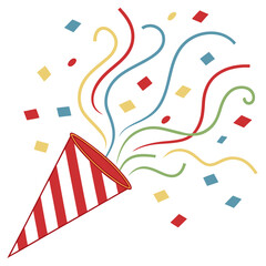 A cheerful party popper bursting with colorful streamers and confetti, symbolizing joy and celebration.