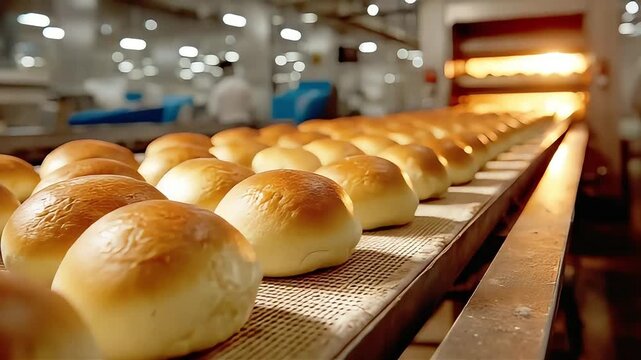 Warm, inviting scene of freshly baked bread on a conveyor belt, perfect for food industry marketing.