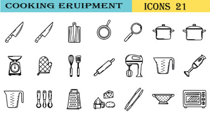 Fototapeta premium Collection of simple line icons representing various cooking equipment and utensils for culinary purposes displayed on a clean white background with categorized headers.