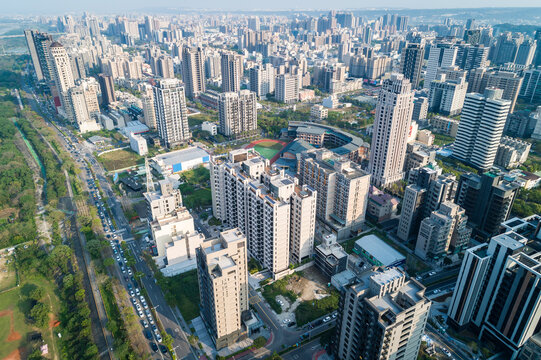 Zhubei City Skyline. Asia modern business concept image, panoramic cityscape birds eye view use the drone, shot in Hsinchu, Taiwan.