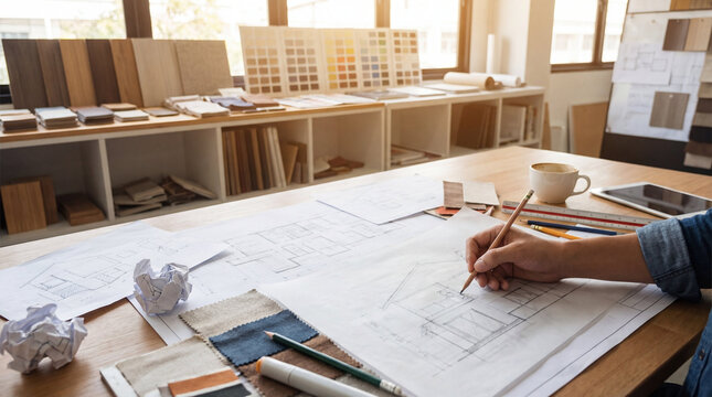 architect drawing plans, interior design, creative workplace